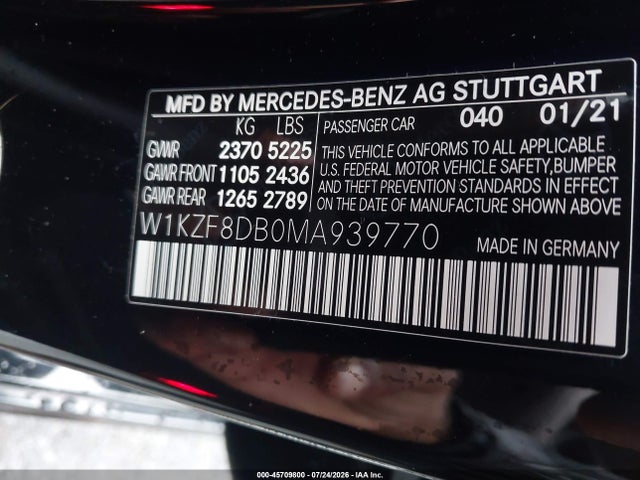 Aukcja sprzedaży 2021 Mercedes-benz E 350, vin: W1KZF8DB0MA939770, numer aukcji: 45709800