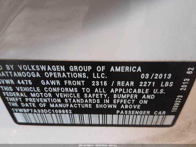 45709815 :رقم المزاد ، 1VWBP7A33DC109852 vin ، 2013 Volkswagen Passat 2.5l Se مزاد بيع