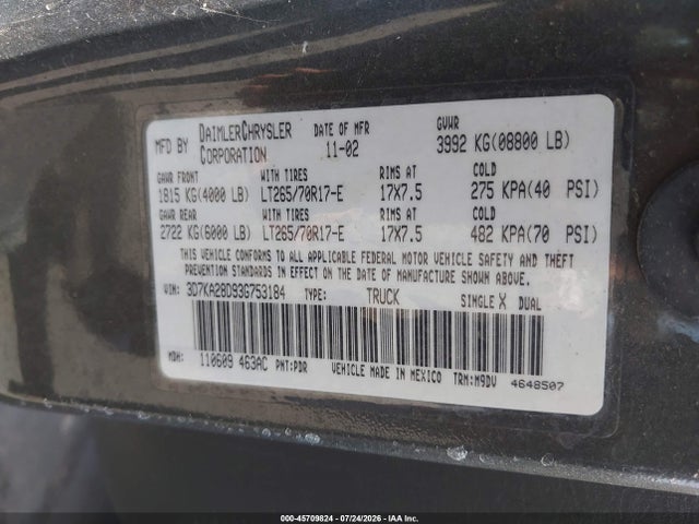 45709824 :رقم المزاد ، 3D7KA28D93G753184 vin ، 2003 Dodge Ram 2500 Slt/laramie/st مزاد بيع