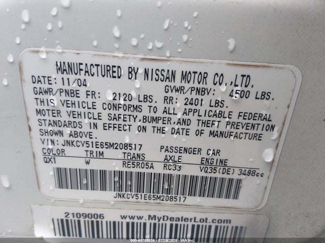 Продажа на аукционе авто 2005 Infiniti G35, vin: JNKCV51E65M208517, номер лота: 45709836
