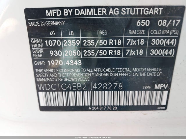45709841 :رقم المزاد ، WDCTG4EB2JJ428278 vin ، 2018 Mercedes-benz Gla 250 مزاد بيع