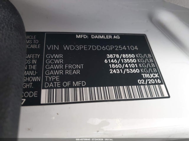 Auction sale of the 2016 Mercedes-benz Sprinter 2500 Normal Roof, vin: WD3PE7DD6GP254104, lot number: 45709840