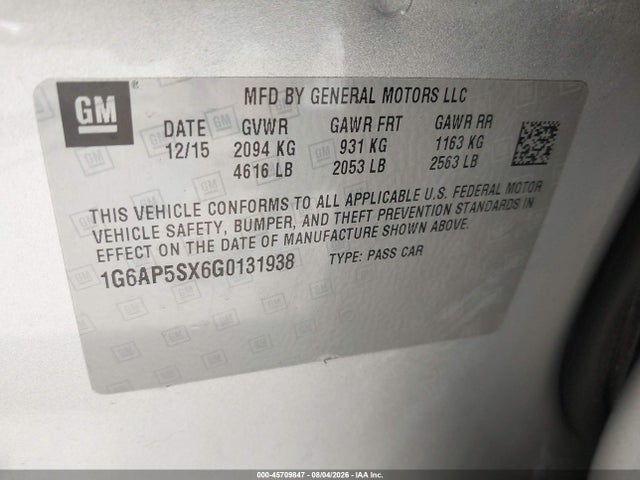 45709847 :رقم المزاد ، 1G6AP5SX6G0131938 vin ، 2016 Cadillac Cts Standard مزاد بيع