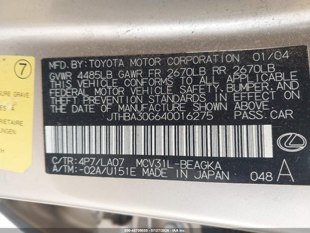 Продажа на аукционе авто 2004 Lexus Es 330, vin: JTHBA30G640016275, номер лота: 45709850