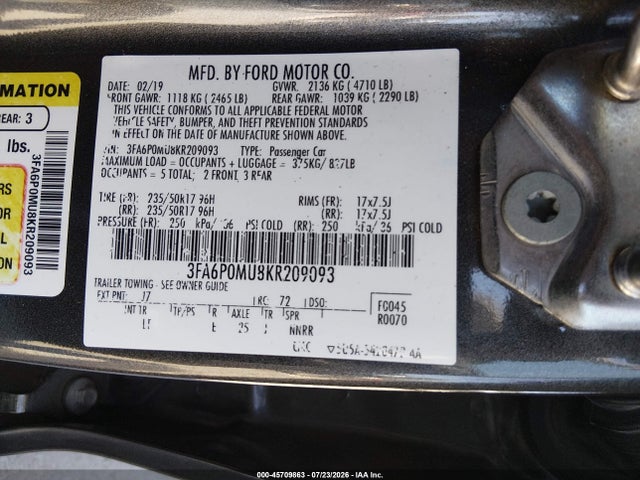 3FA6P0MU8KR209093 Ford Fusion Hybrid Sel