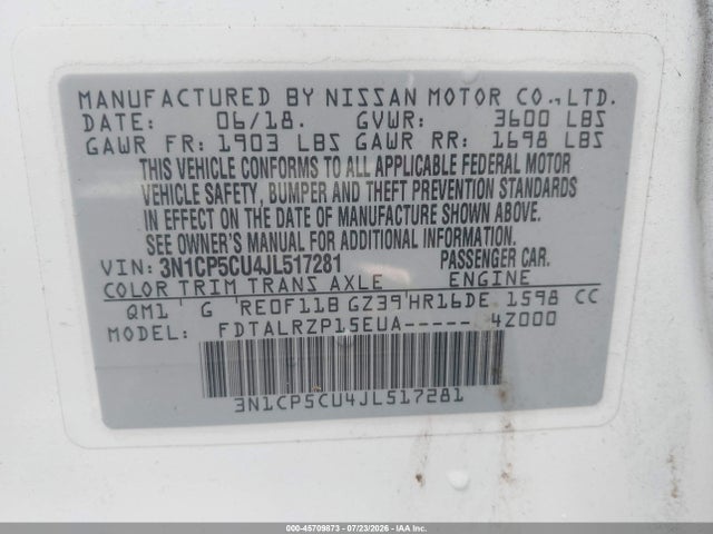 Продажа на аукционе авто 2018 Nissan Kicks S, vin: 3N1CP5CU4JL517281, номер лота: 45709873