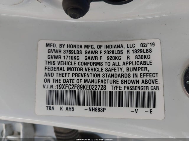 19XFC2F89KE022728 Honda Civic Sport