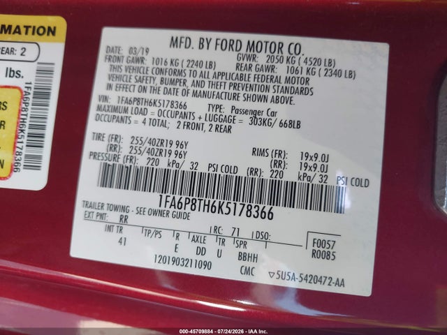 1FA6P8TH6K5178366 Ford Mustang Ecoboost Premium