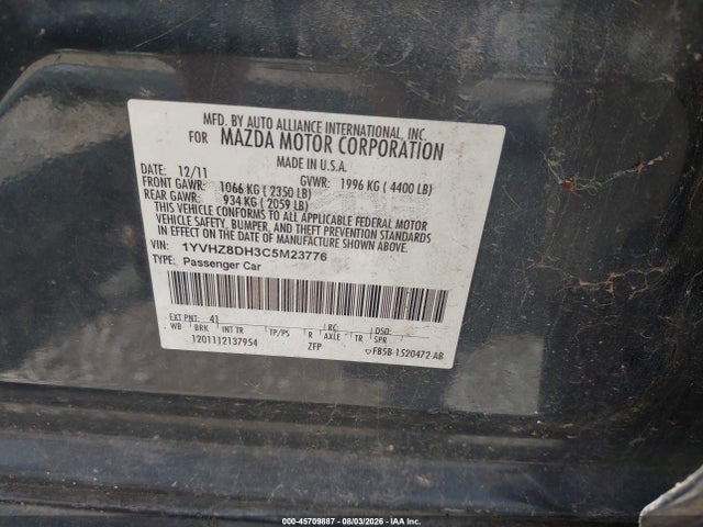 Продаж на аукціоні авто 2012 Mazda Mazda6 I Touring, vin: 1YVHZ8DH3C5M23776, номер лоту: 45709887