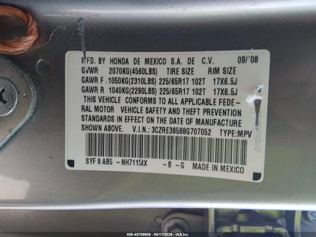 2008 Honda Cr-v Ex მანქანა იყიდება აუქციონზე, vin: 3CZRE38588G707052, აუქციონის ნომერი: 45709909