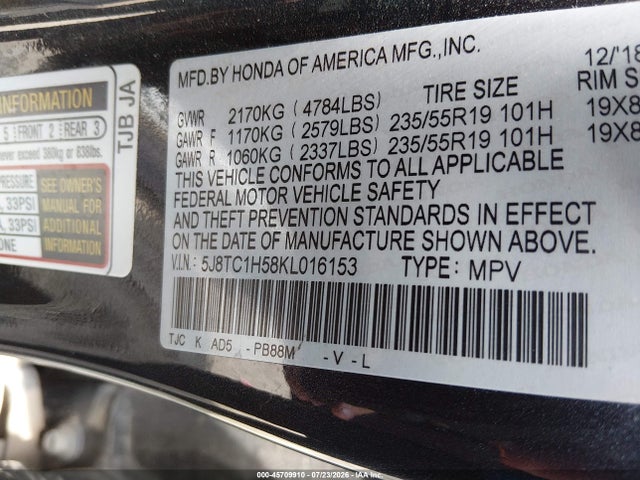 2019 Acura Rdx Technology Package მანქანა იყიდება აუქციონზე, vin: 5J8TC1H58KL016153, აუქციონის ნომერი: 45709910