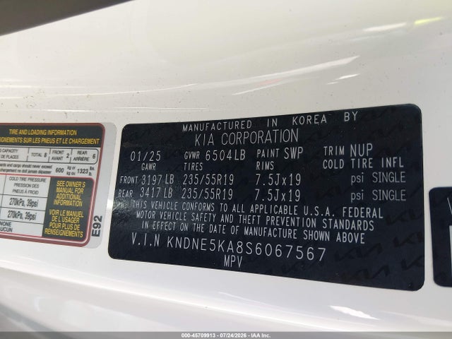 2025 Kia Carnival Mpv Hybrid Sx მანქანა იყიდება აუქციონზე, vin: KNDNE5KA8S6067567, აუქციონის ნომერი: 45709913