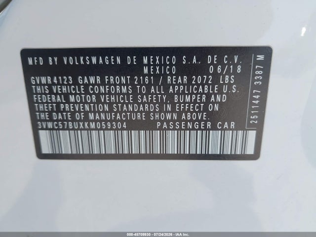 Aukcja sprzedaży 2019 Volkswagen Jetta, vin: 3VWC57BUXKM059304, numer aukcji: 45709930