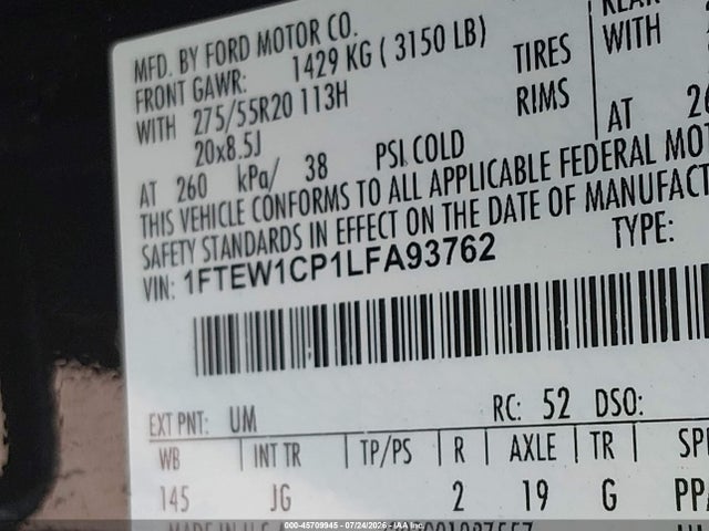 2020 Ford F-150 Lariat/xl/xlt მანქანა იყიდება აუქციონზე, vin: 1FTEW1CP1LFA93762, აუქციონის ნომერი: 45709945