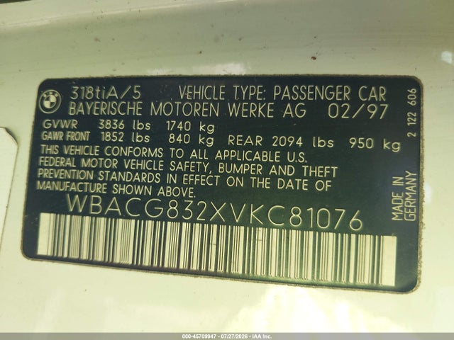 Aukcja sprzedaży 1997 Bmw 318ti, vin: WBACG832XVKC81076, numer aukcji: 45709947