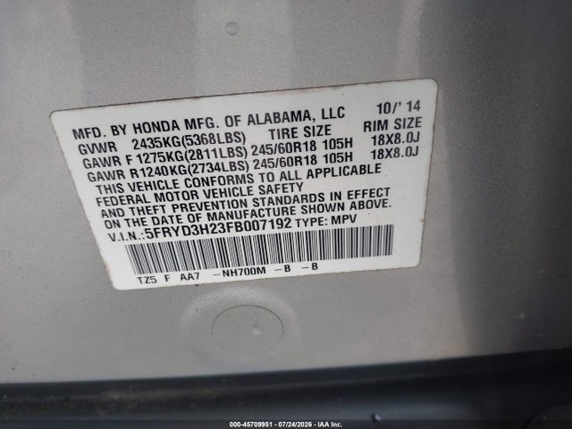 Продажа на аукционе авто 2015 Acura Mdx, vin: 5FRYD3H23FB007192, номер лота: 45709951