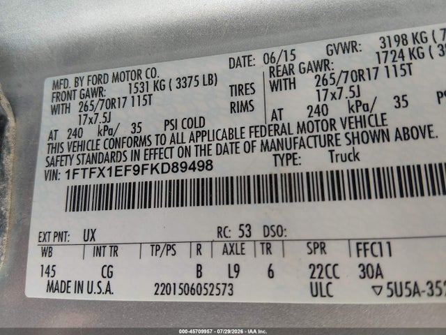 Ford F-150 Xl 2015 1FTFX1EF9FKD89498 Image 9