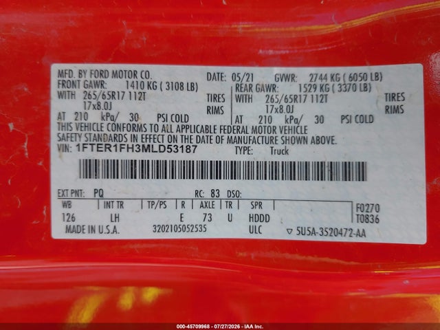 45709968 :رقم المزاد ، 1FTER1FH3MLD53187 vin ، 2021 Ford Ranger Xl مزاد بيع