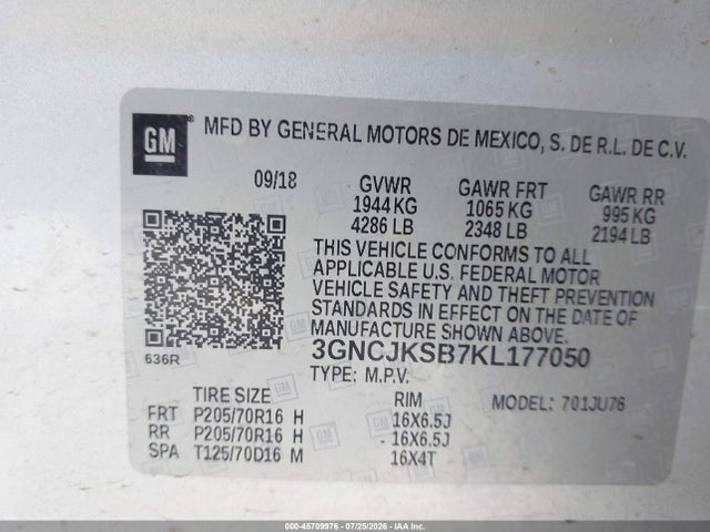 2019 Chevrolet Trax Ls მანქანა იყიდება აუქციონზე, vin: 3GNCJKSB7KL177050, აუქციონის ნომერი: 45709976
