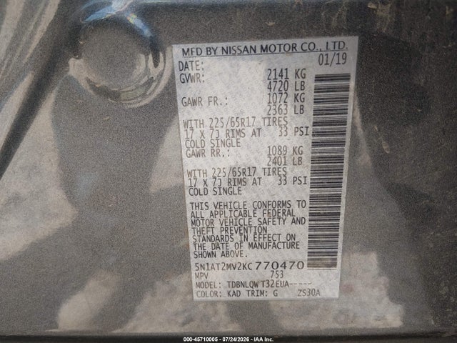 Продажа на аукционе авто 2019 Nissan Rogue Sv, vin: 5N1AT2MV2KC770470, номер лота: 45710005