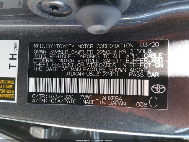 JTDKARFU6L3122451 Toyota Prius Le