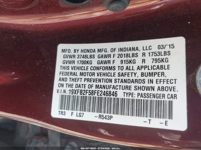 2015 Honda Civic Lx მანქანა იყიდება აუქციონზე, vin: 19XFB2F58FE246846, აუქციონის ნომერი: 45710025