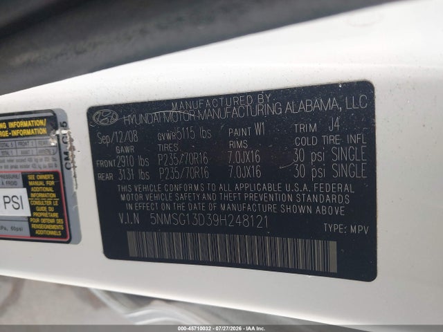 Aukcja sprzedaży 2009 Hyundai Santa Fe Gls, vin: 5NMSG13D39H248121, numer aukcji: 45710032