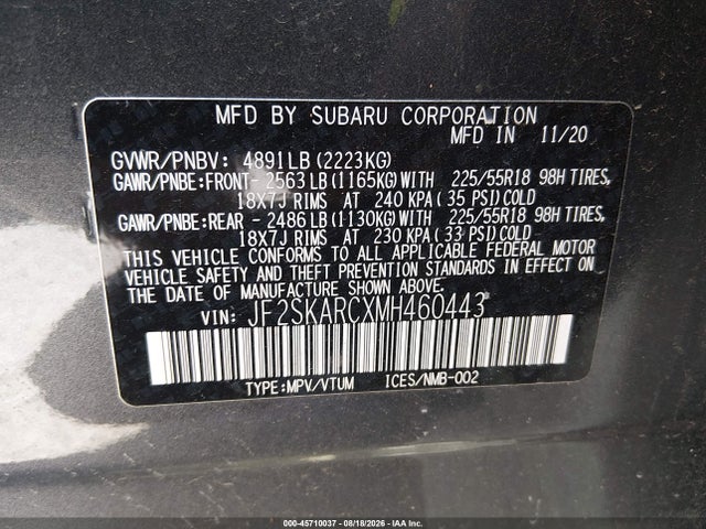 Продажа на аукционе авто 2021 Subaru Forester Sport, vin: JF2SKARCXMH460443, номер лота: 45710037