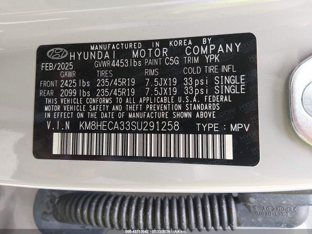 Aukcja sprzedaży 2025 Hyundai Kona Limited, vin: KM8HECA33SU291258, numer aukcji: 45710042