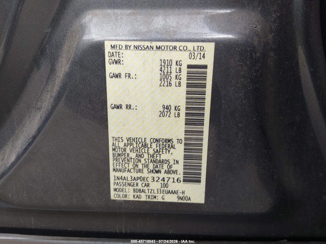 Aukcja sprzedaży 2014 Nissan Altima 2.5 Sv, vin: 1N4AL3AP0EC324716, numer aukcji: 45710043