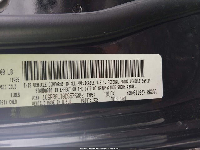 Продаж на аукціоні авто 2013 Ram 1500, vin: 1C6RR6LT0DS576002, номер лоту: 45710047
