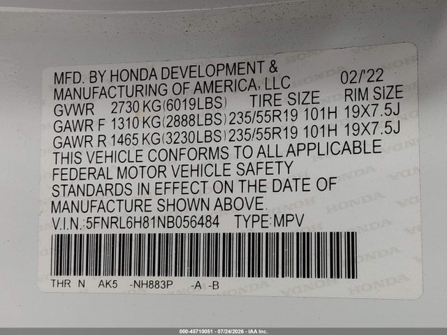 5FNRL6H81NB056484 Honda Odyssey Touring