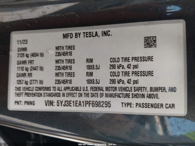 Продажа на аукционе авто 2023 Tesla Model 3 Rear-wheel Drive, vin: 5YJ3E1EA1PF698295, номер лота: 45710064
