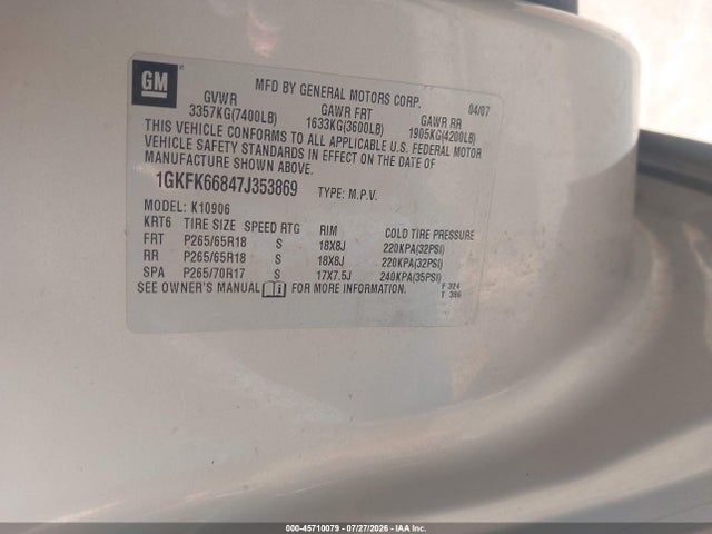 45710079 :رقم المزاد ، 1GKFK66847J353869 vin ، 2007 Gmc Yukon Xl Denali Denali مزاد بيع