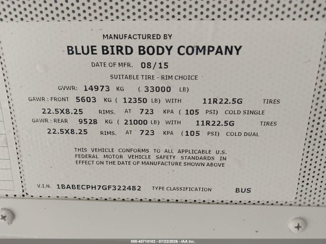 45710102 :رقم المزاد ، 1BABECPH7GF322482 vin ، 2016 Blue Bird School Bus مزاد بيع