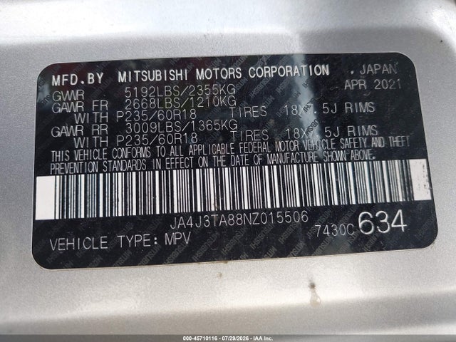 45710116 :رقم المزاد ، JA4J3TA88NZ015506 vin ، 2022 Mitsubishi Outlander Es 2.5 2wd مزاد بيع