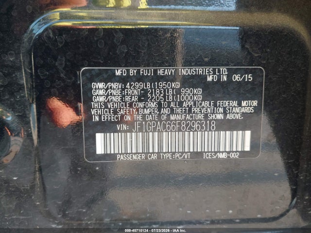 45710124 :رقم المزاد ، JF1GPAC66F8296318 vin ، 2015 Subaru Impreza 2.0i Premium مزاد بيع