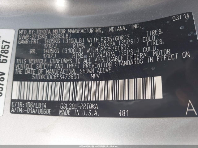 45710126 :رقم المزاد ، 5TDYK3DC6ES473800 vin ، 2014 Toyota Sienna Xle V6 8 Passenger مزاد بيع