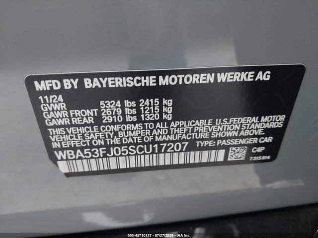 2025 Bmw 530i Xdrive მანქანა იყიდება აუქციონზე, vin: WBA53FJ05SCU17207, აუქციონის ნომერი: 45710127