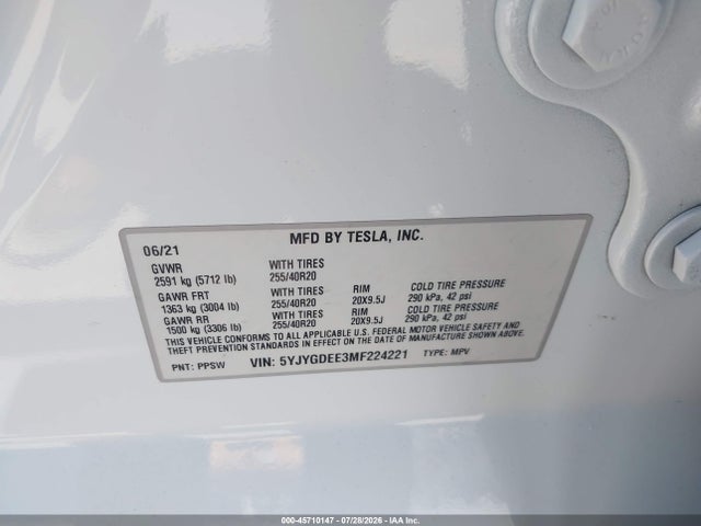 5YJYGDEE3MF224221 Tesla Model Y Long Range Dual Motor All-wheel Drive