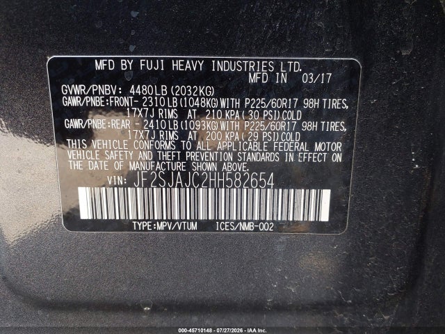 Aukcja sprzedaży 2017 Subaru Forester 2.5i Limited, vin: JF2SJAJC2HH582654, numer aukcji: 45710148