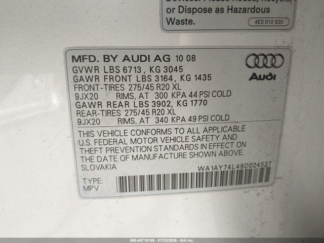 Продажа на аукционе авто 2009 Audi Q7 3.6 5 Passenger/3.6 Premium, vin: WA1AY74L49D024537, номер лота: 45710159