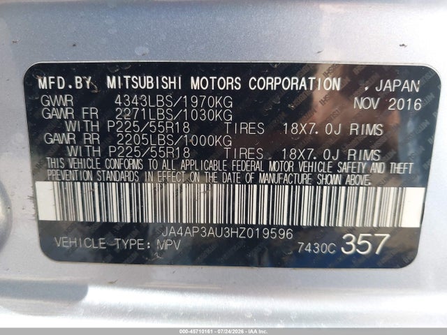 2017 Mitsubishi Outlander Sport 2.0 Es/2.0 Le მანქანა იყიდება აუქციონზე, vin: JA4AP3AU3HZ019596, აუქციონის ნომერი: 45710161