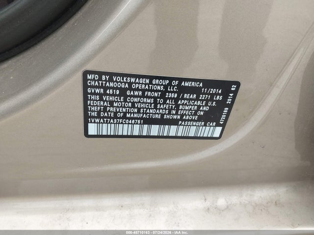2015 Volkswagen Passat 1.8t S მანქანა იყიდება აუქციონზე, vin: 1VWAT7A37FC046751, აუქციონის ნომერი: 45710163