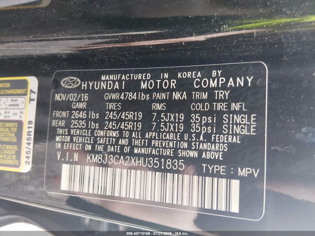 Продаж на аукціоні авто 2017 Hyundai Tucson Limited, vin: KM8J3CA2XHU351835, номер лоту: 45710166