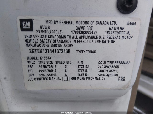 Продаж на аукціоні авто 2004 Gmc Sierra 1500 Slt, vin: 2GTEK13T441372138, номер лоту: 45710169