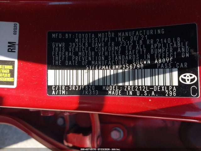 5YFEPMAE8MP256790 Toyota COROLLA LE