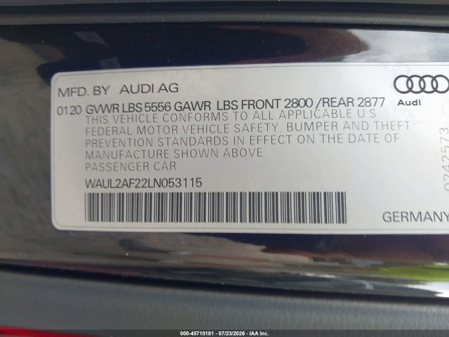 Aukcja sprzedaży 2020 Audi A6 Premium Plus 55 Tfsi Quattro S Tronic, vin: WAUL2AF22LN053115, numer aukcji: 45710181