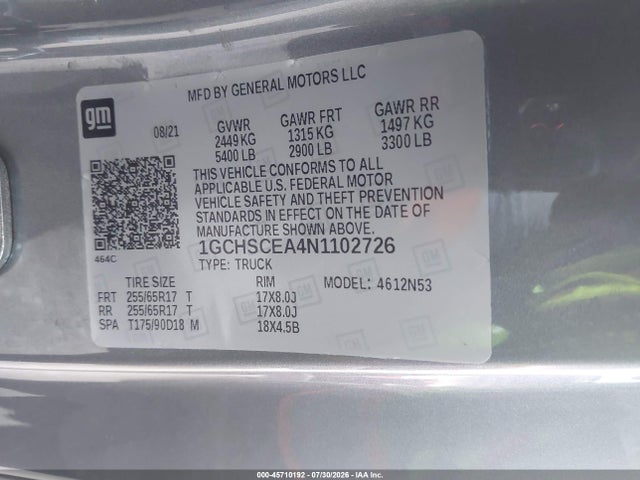 45710192 :رقم المزاد ، 1GCHSCEA4N1102726 vin ، 2022 Chevrolet Colorado 2wd  Long Box Lt مزاد بيع