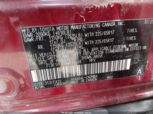 45710207 :رقم المزاد ، 2T3P1RFV1SW517888 vin ، 2025 Toyota Rav4 Xle مزاد بيع